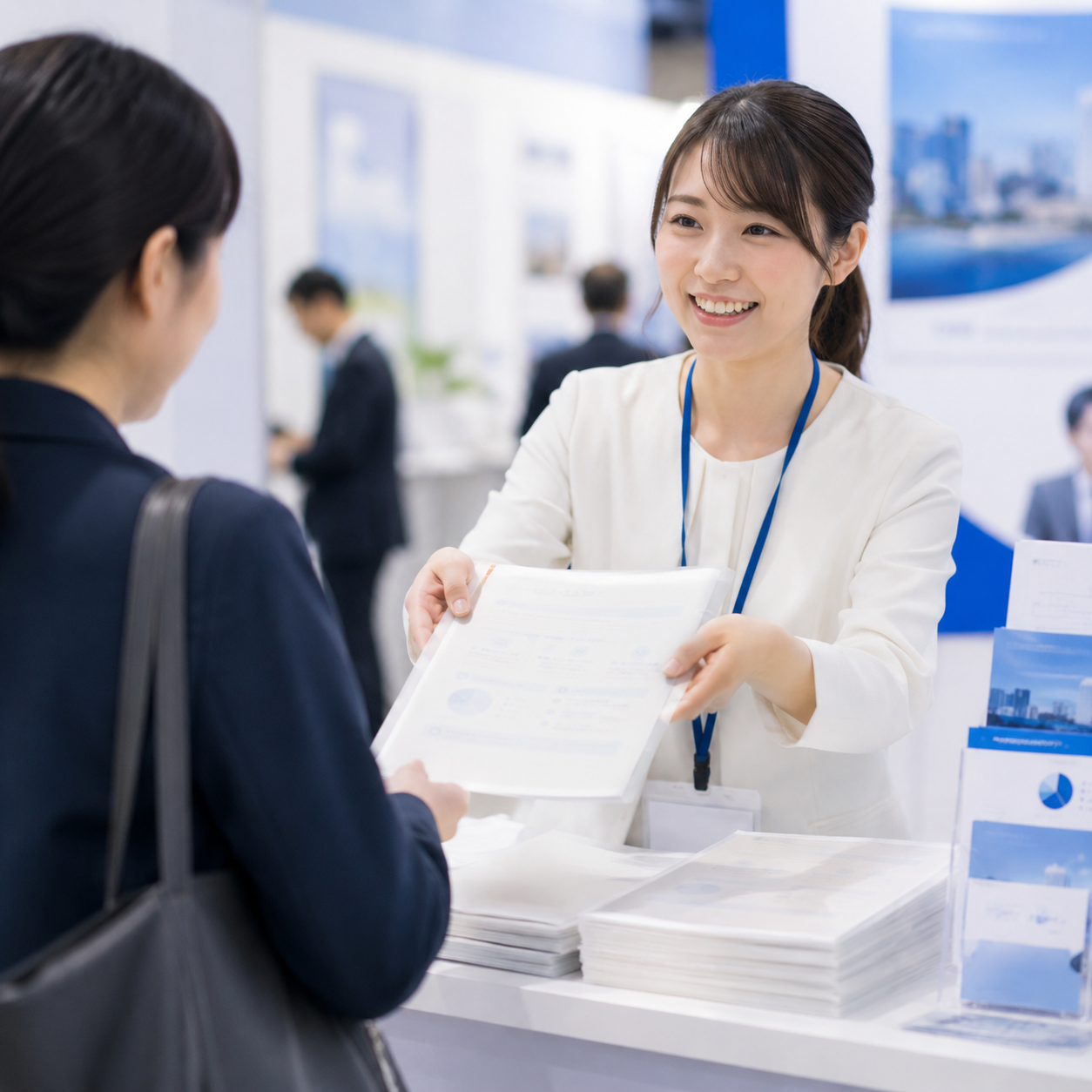 展示会ブースでノベルティを配布している様子