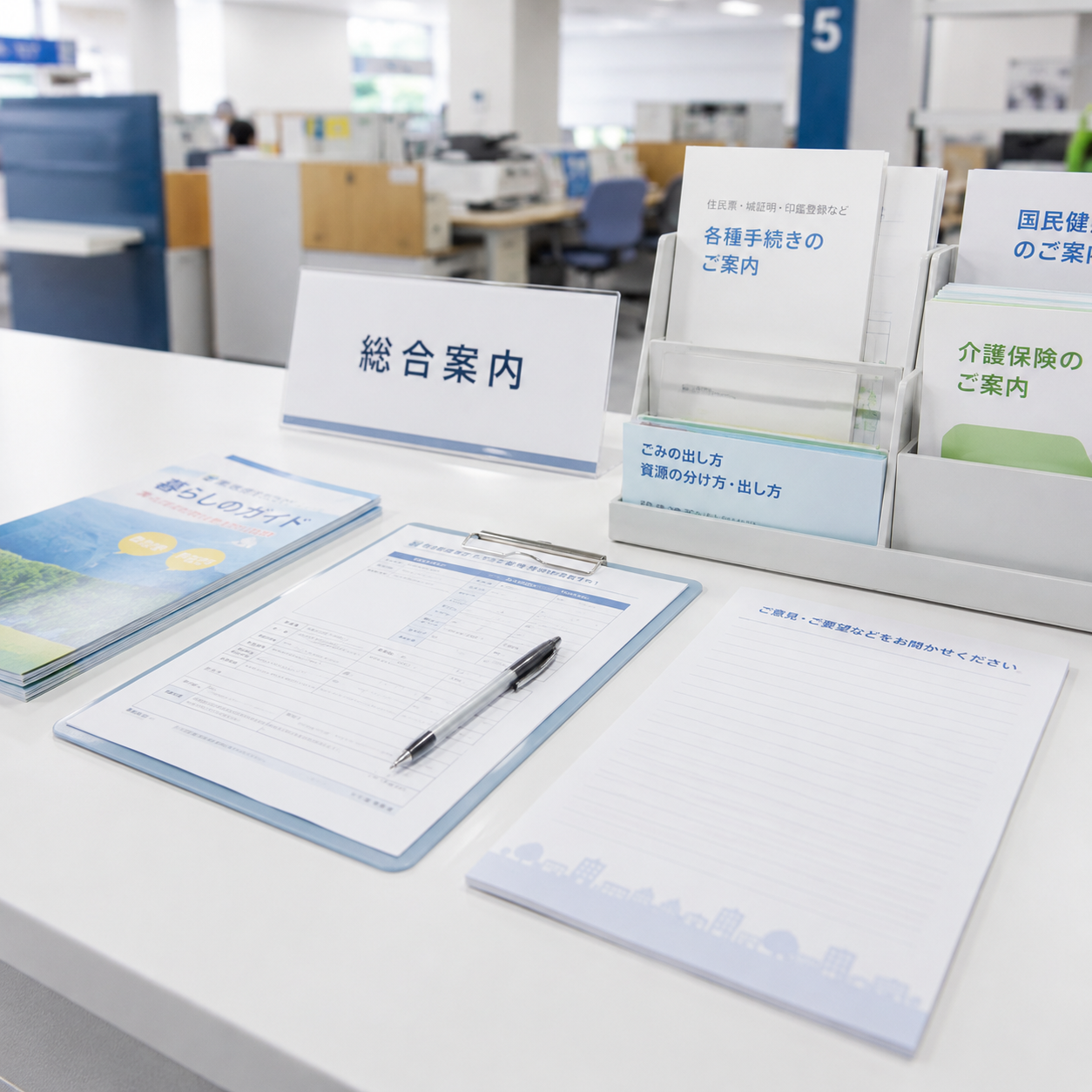 官公庁の窓口で書類を配布している様子