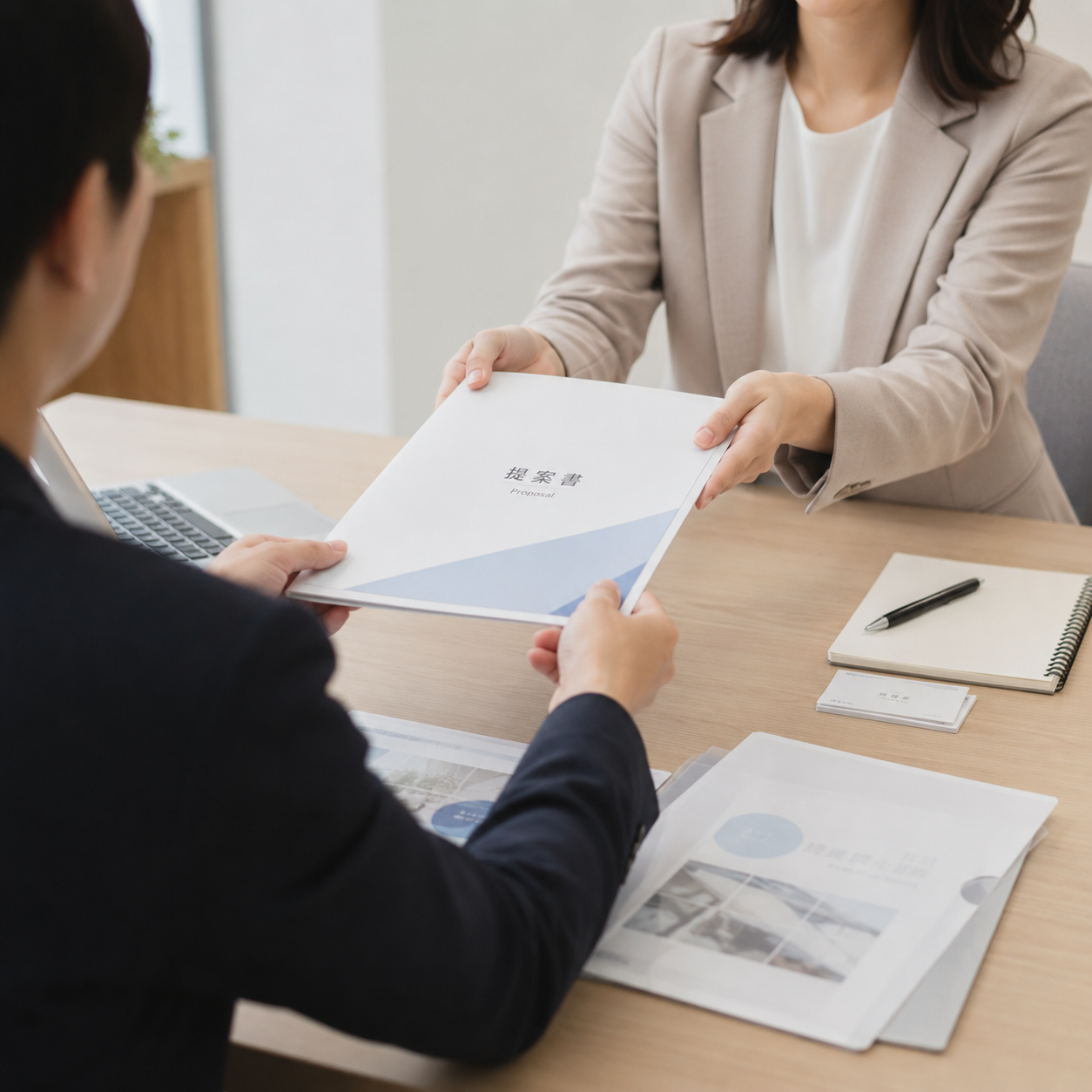 商談で提案書を手渡ししている様子